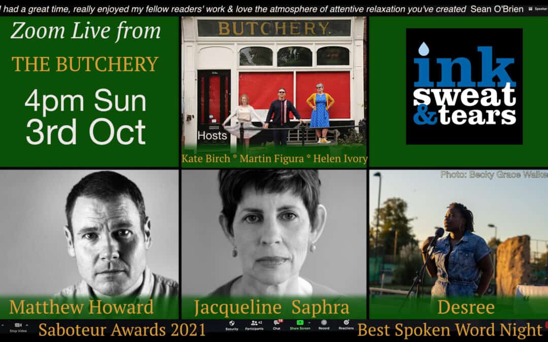 Zoom Live From the Butchery Reading, with Jacqueline Saphra, Matthew Howard, and Desree